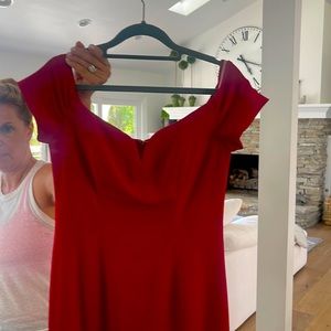 Red floor length off the shoulder cap sleeve gown